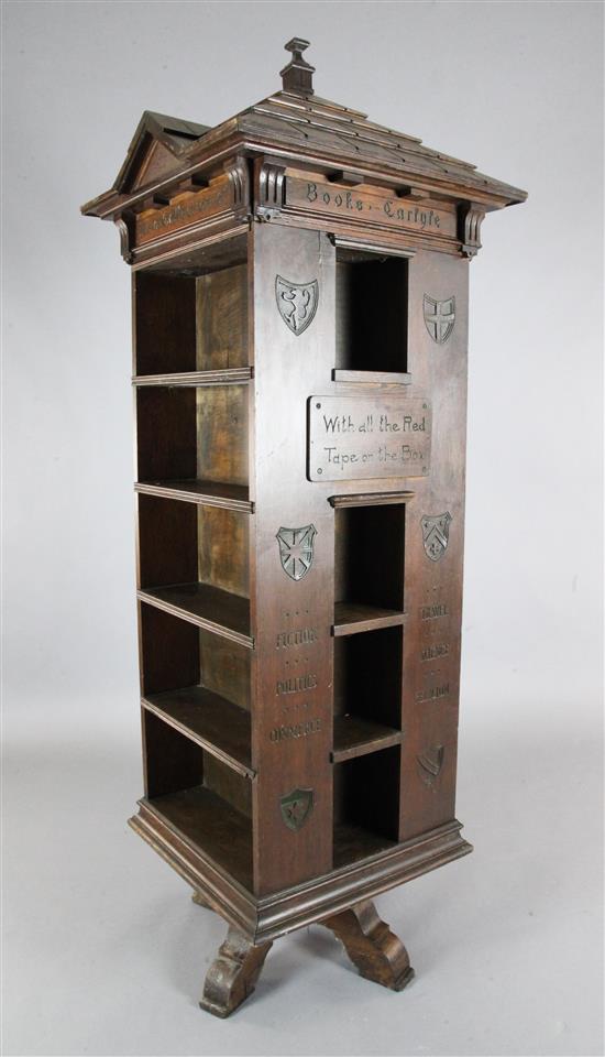 An early 20th century English Tabard Inn Library oak revolving bookcase W.2ft 3in. sq. H.6ft 6in.
